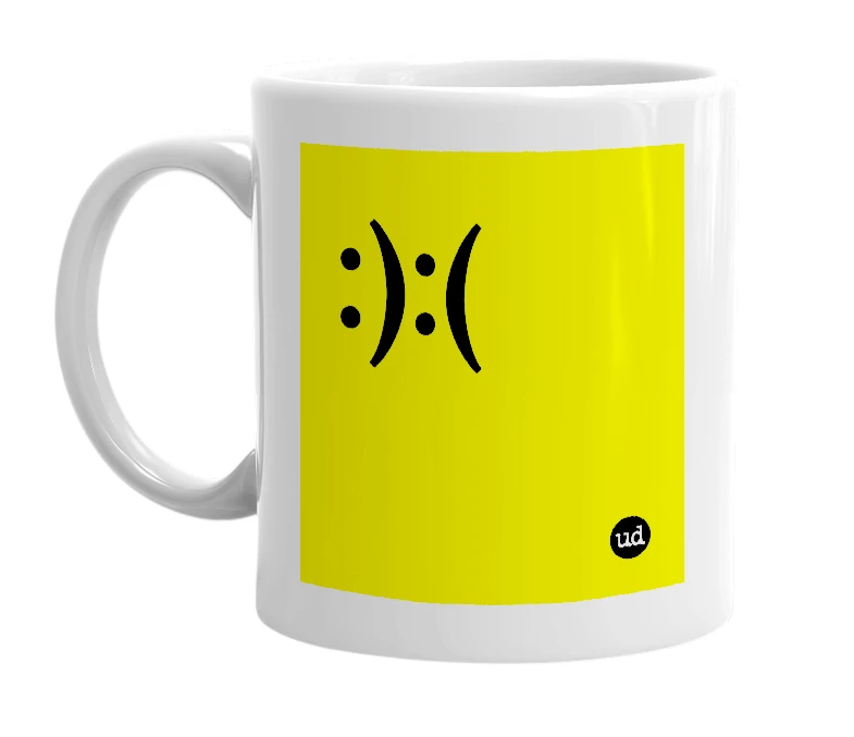 White mug with ':):(' in bold black letters