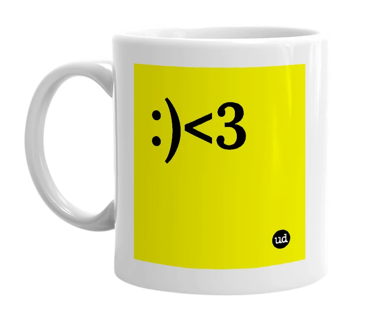 White mug with ':)<3' in bold black letters