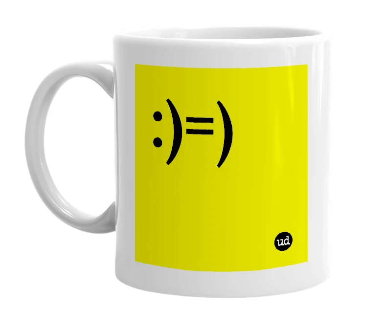 White mug with ':)=)' in bold black letters