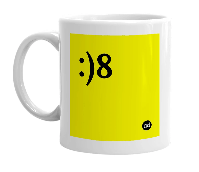 White mug with ':)8' in bold black letters