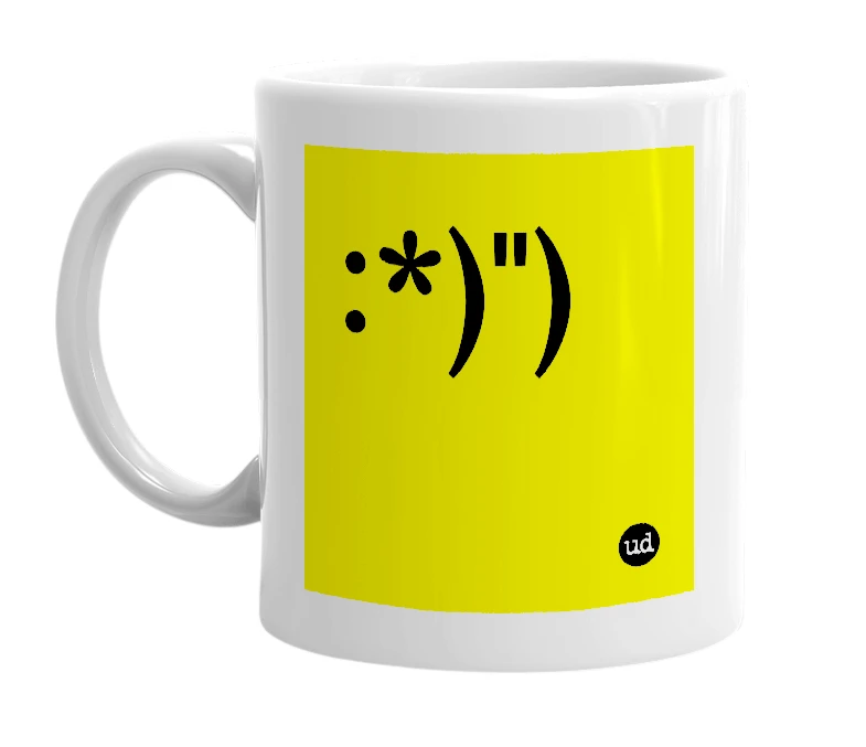 White mug with ':*)")' in bold black letters