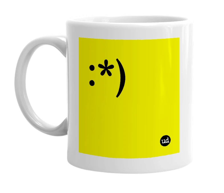 White mug with ':*)' in bold black letters
