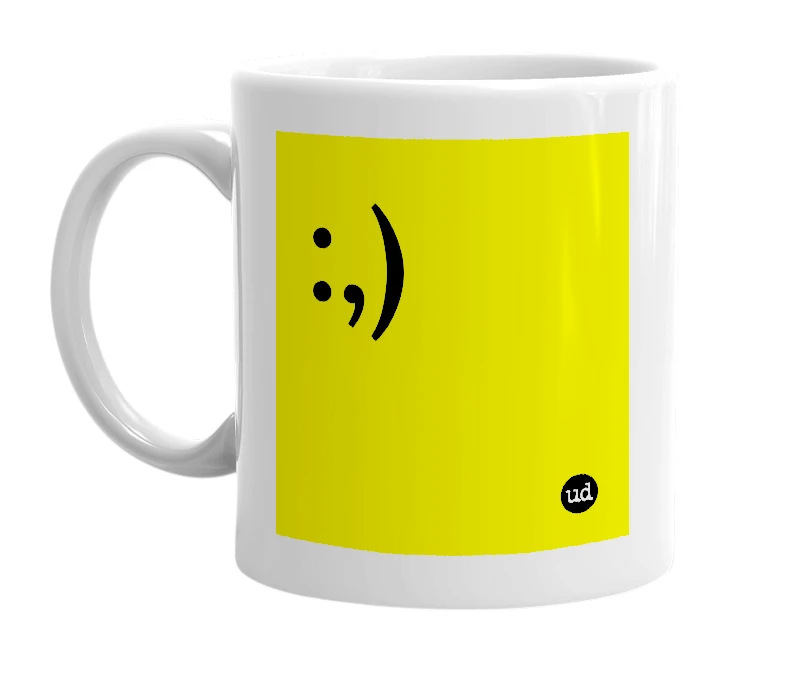 White mug with ':,)' in bold black letters