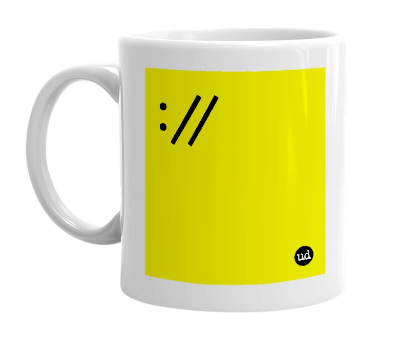 White mug with '://' in bold black letters