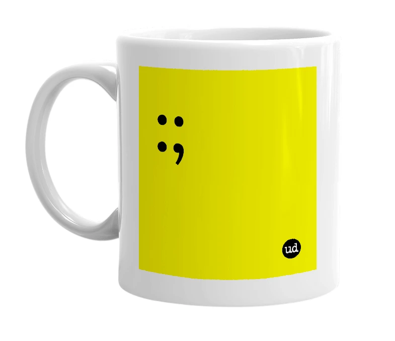 White mug with ':;' in bold black letters
