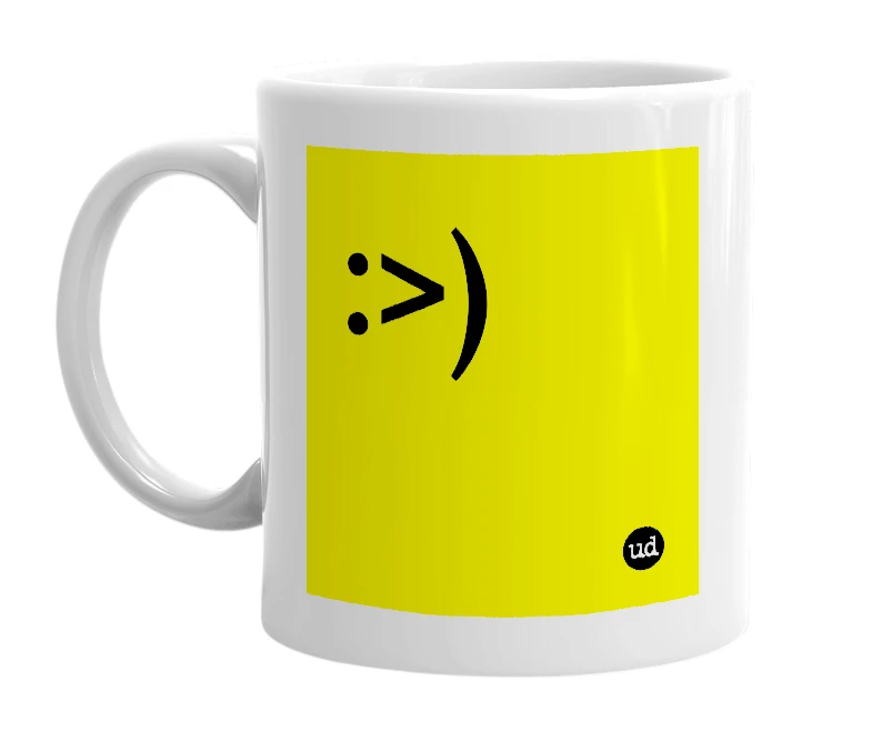 White mug with ':>)' in bold black letters