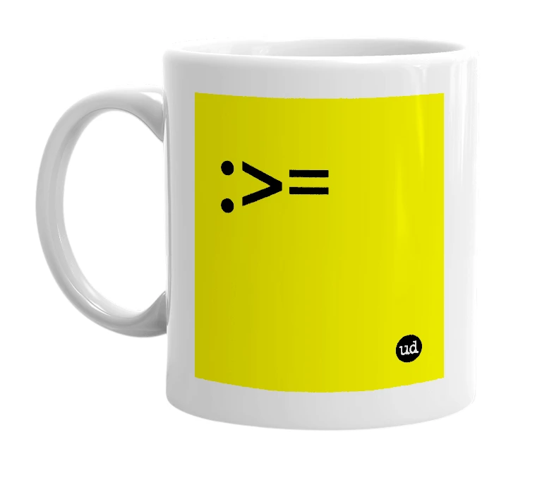 White mug with ':>=' in bold black letters