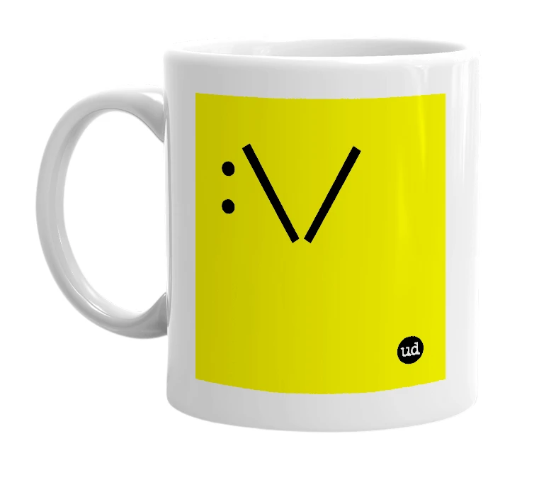 White mug with ':\/' in bold black letters