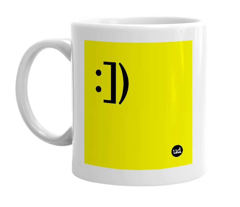White mug with ':])' in bold black letters
