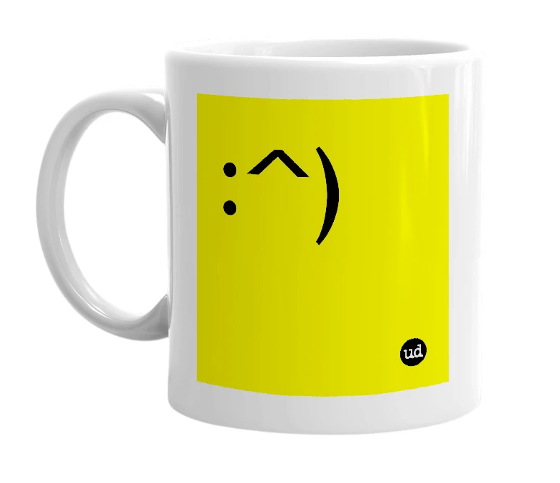 White mug with ':^)' in bold black letters