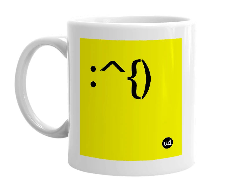 White mug with ':^{)' in bold black letters