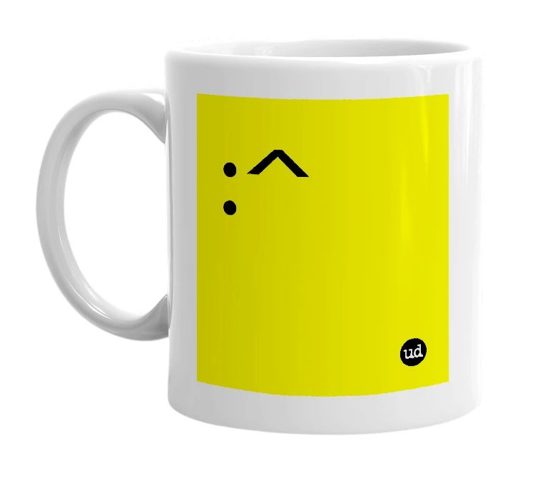 White mug with ':^' in bold black letters