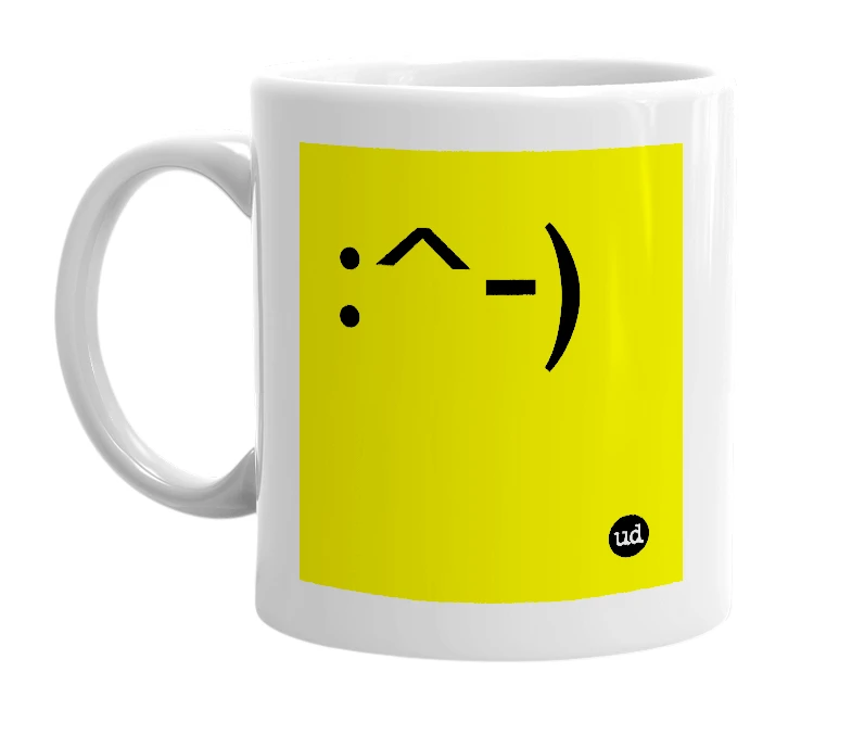 White mug with ':^-)' in bold black letters