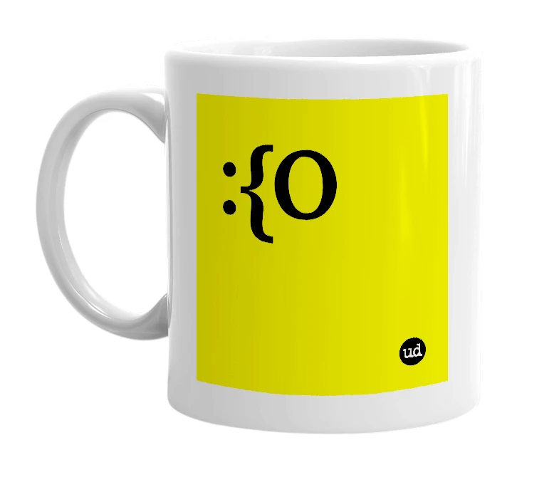 White mug with ':{O' in bold black letters