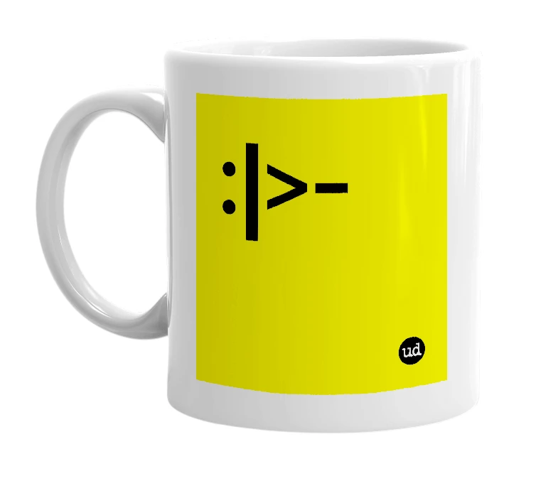White mug with ':|>-' in bold black letters