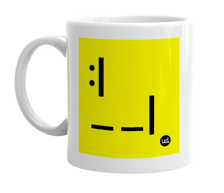 White mug with ':|__|' in bold black letters