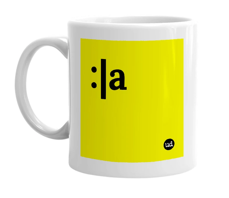 White mug with ':|a' in bold black letters