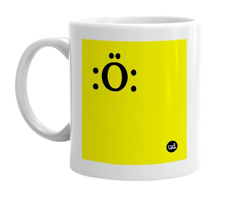 White mug with ':Ö:' in bold black letters