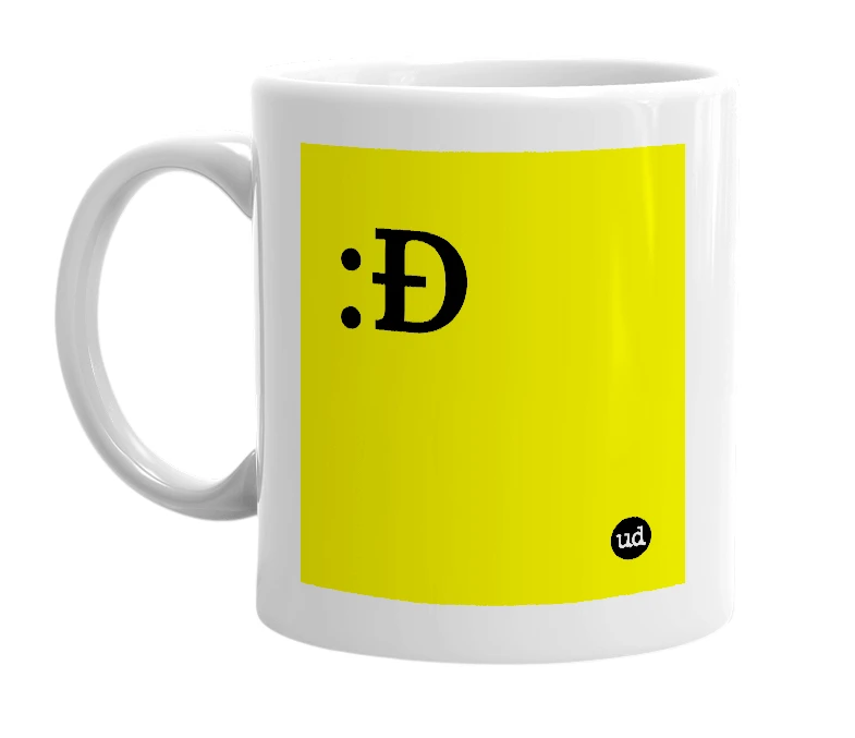White mug with ':Đ' in bold black letters