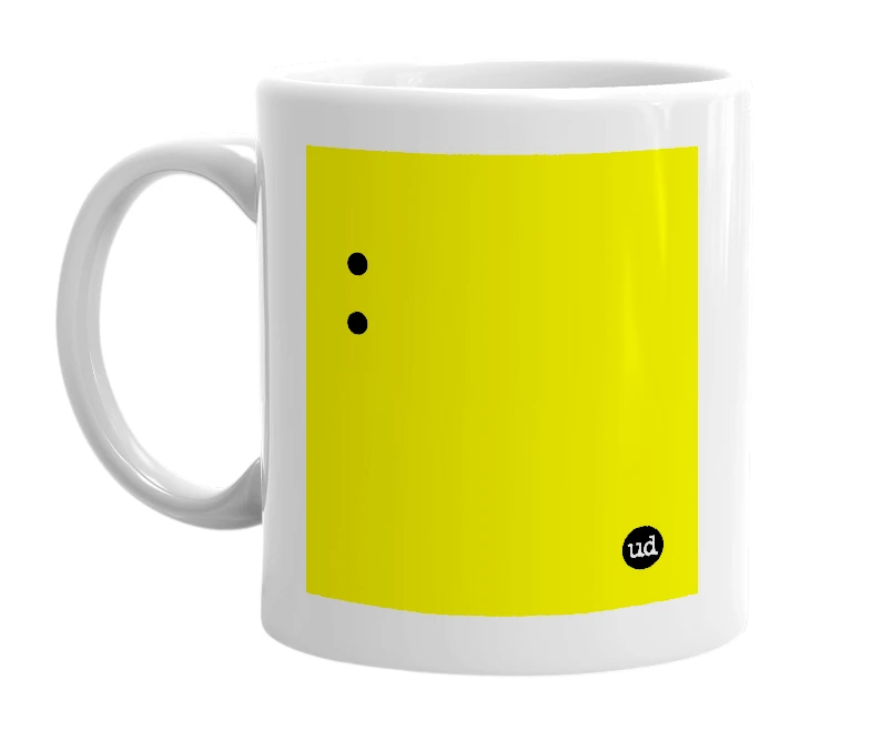 White mug with ':' in bold black letters