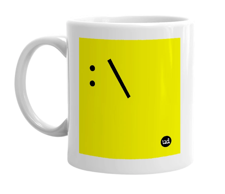White mug with ': \' in bold black letters