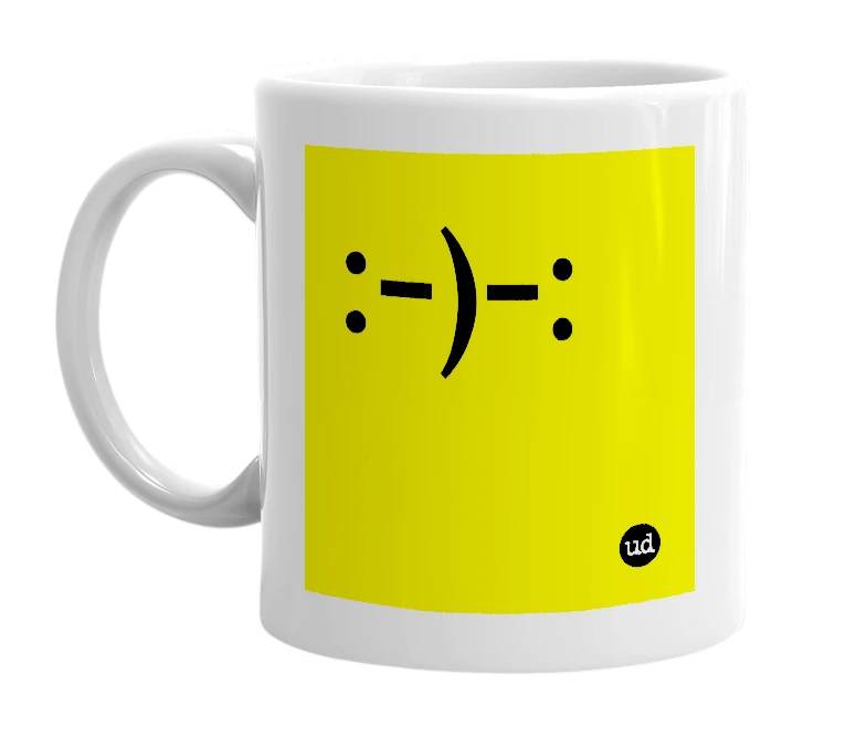 White mug with ':-)-:' in bold black letters
