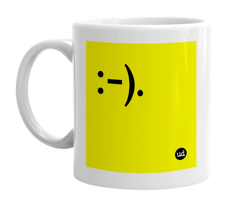 White mug with ':-).' in bold black letters