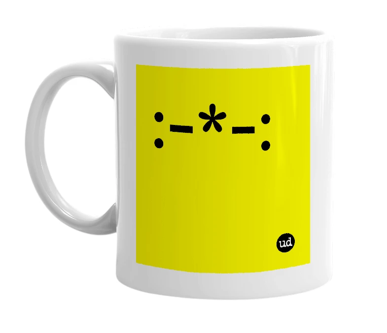 White mug with ':-*-:' in bold black letters