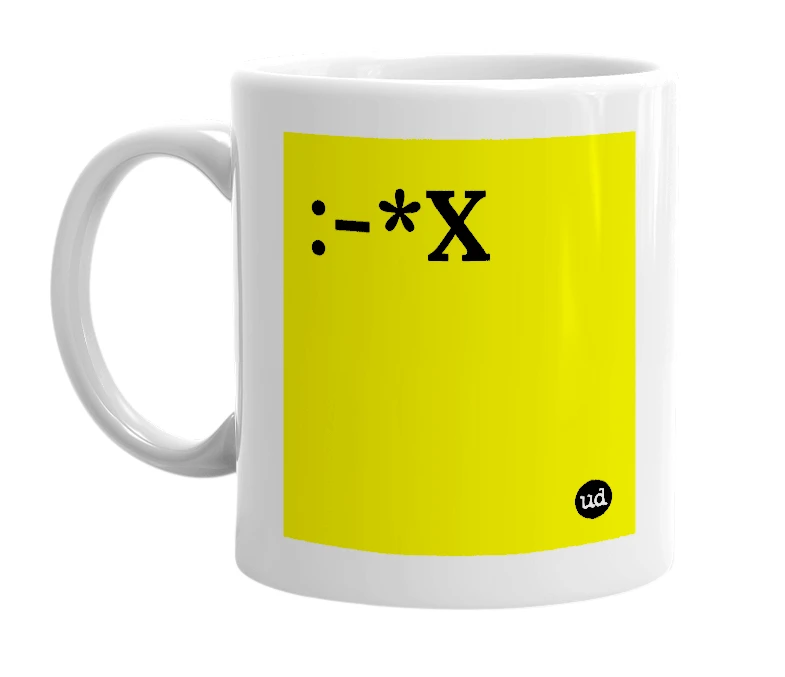 White mug with ':-*X' in bold black letters