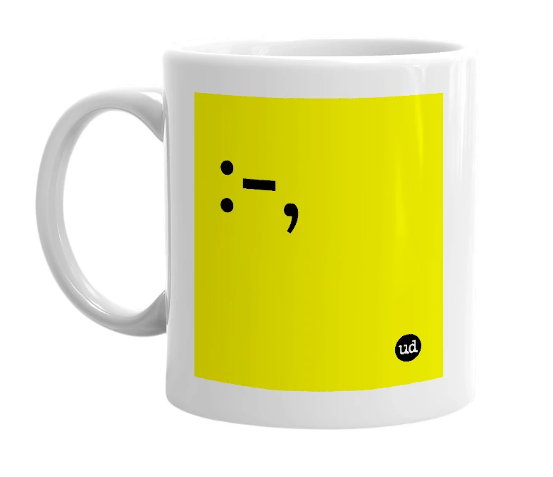 White mug with ':-,' in bold black letters