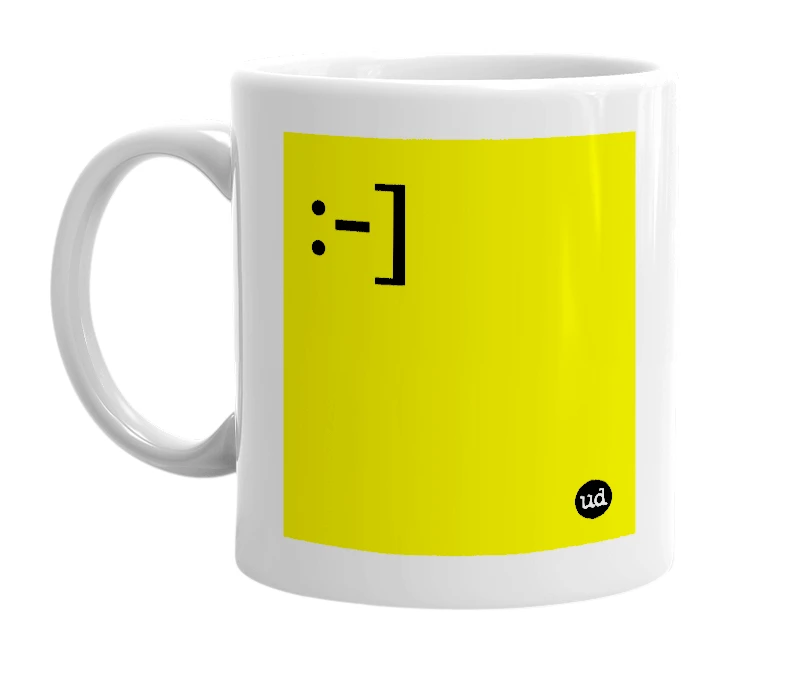 White mug with ':-]' in bold black letters
