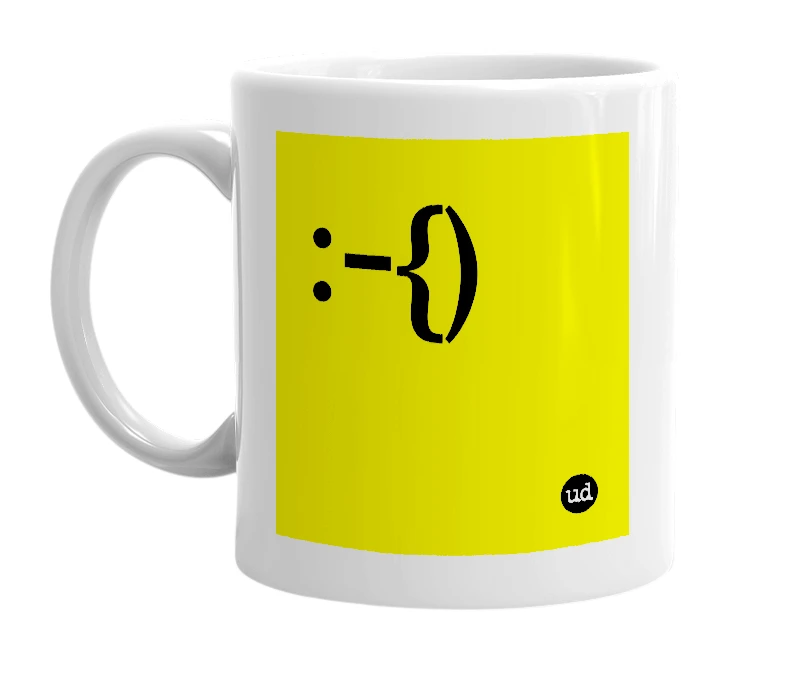 White mug with ':-{)' in bold black letters