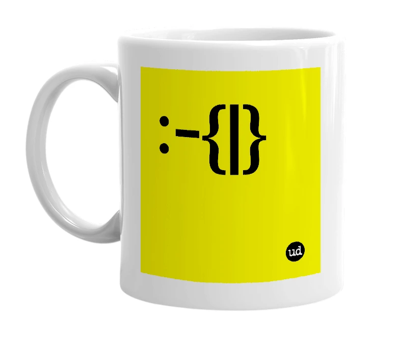 White mug with ':-{|}' in bold black letters