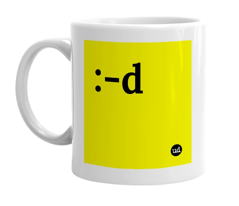 White mug with ':-d' in bold black letters