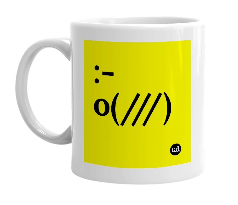 White mug with ':-o(///)' in bold black letters