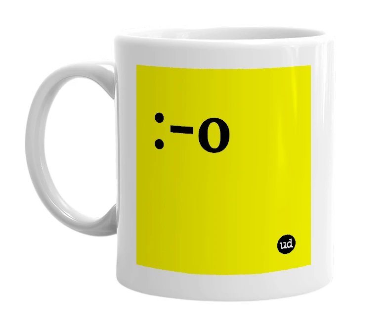 White mug with ':-o' in bold black letters