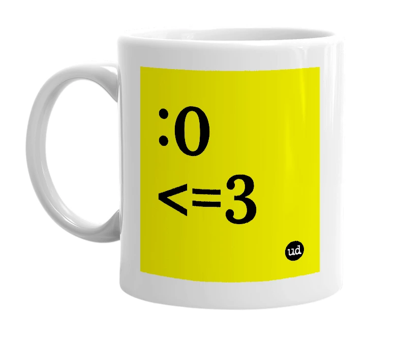 White mug with ':0 <=3' in bold black letters