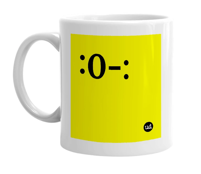 White mug with ':0-:' in bold black letters