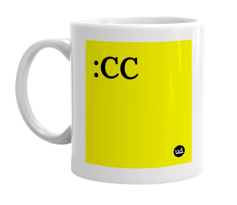 White mug with ':CC' in bold black letters