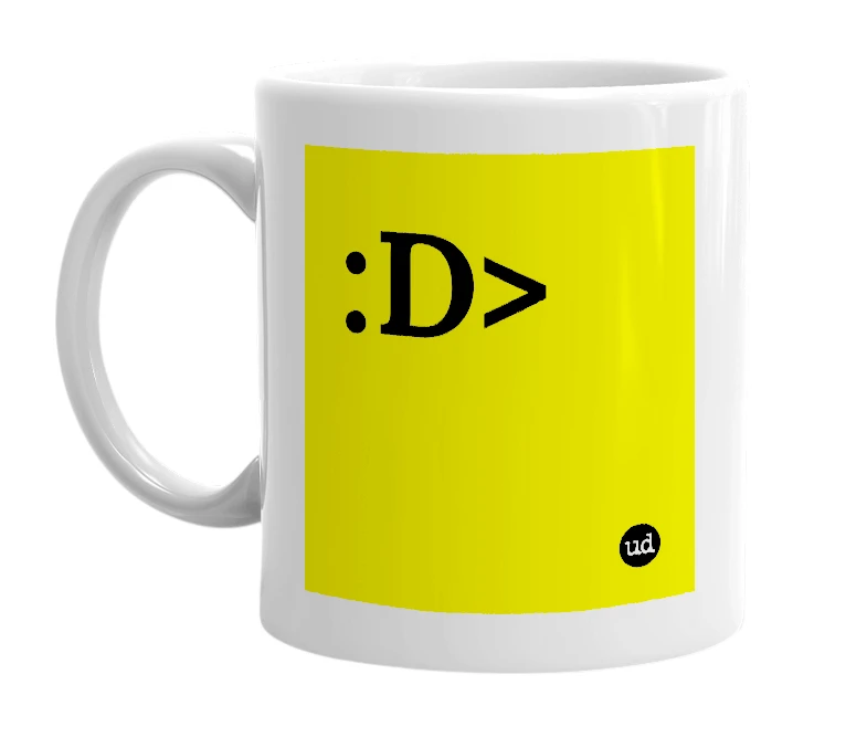 White mug with ':D>' in bold black letters