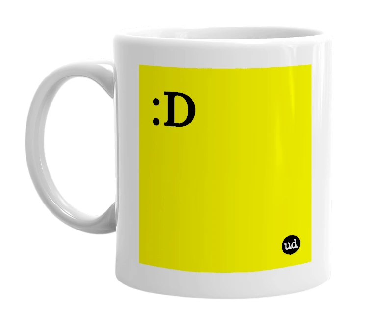 White mug with ':D' in bold black letters