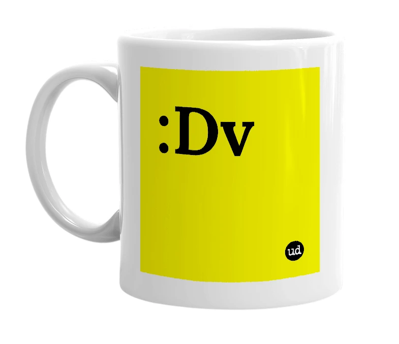 White mug with ':Dv' in bold black letters