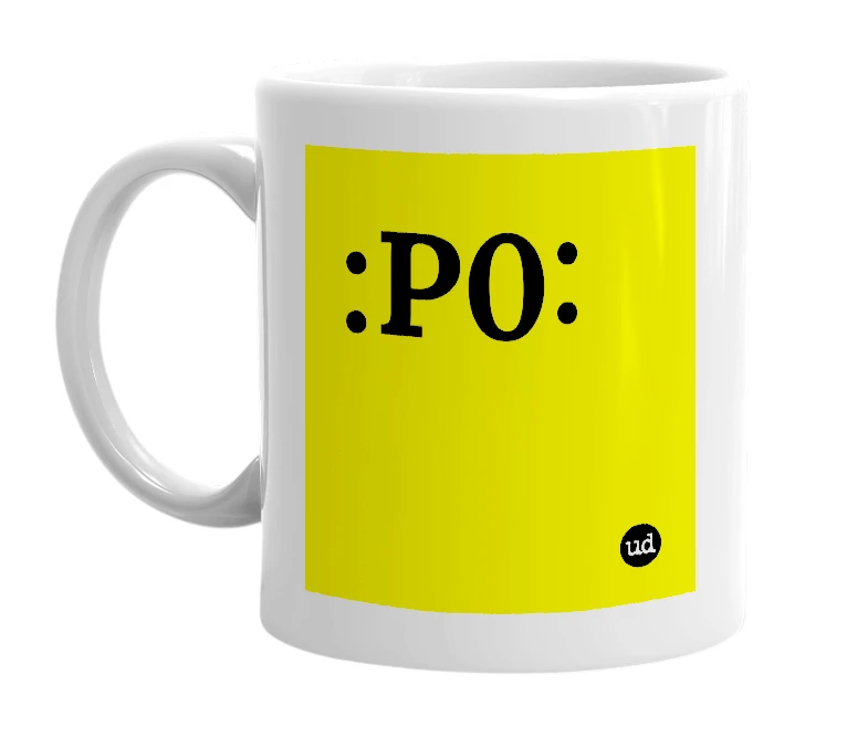 White mug with ':P0:' in bold black letters