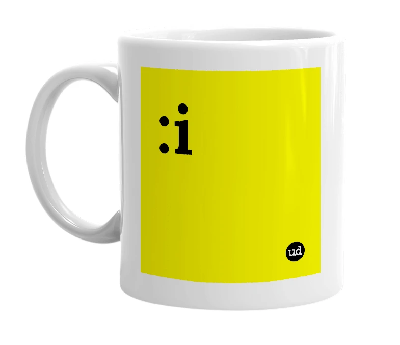 White mug with ':i' in bold black letters