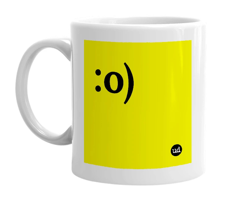White mug with ':o)' in bold black letters