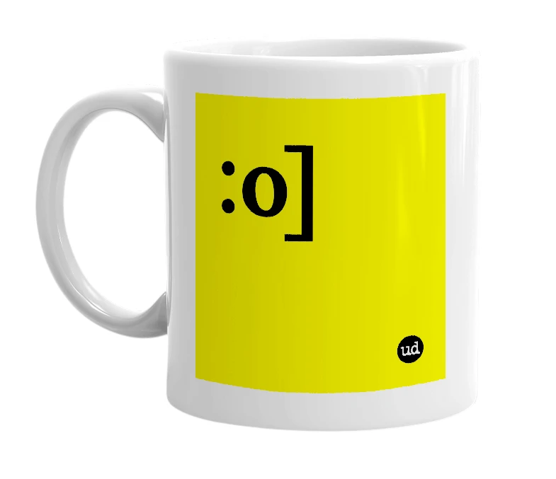 White mug with ':o]' in bold black letters