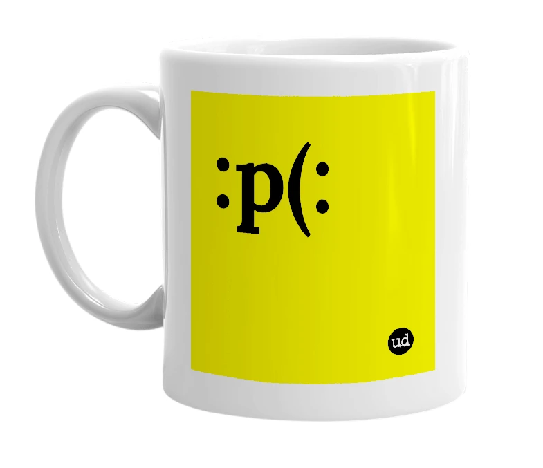 White mug with ':p(:' in bold black letters