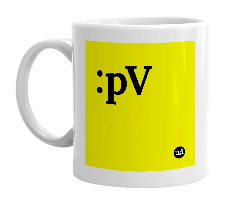 White mug with ':pV' in bold black letters