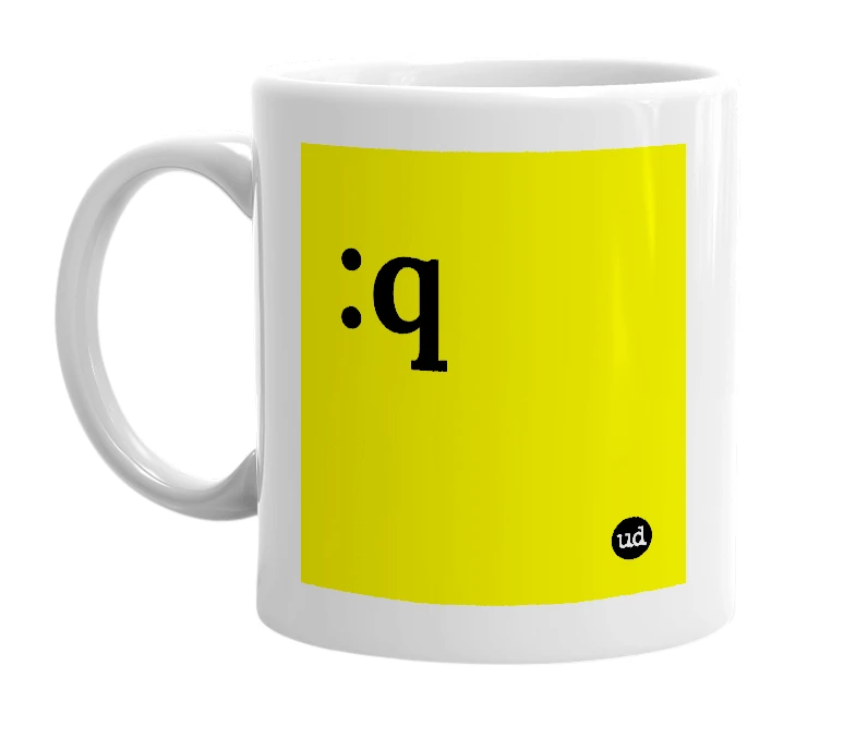 White mug with ':q' in bold black letters