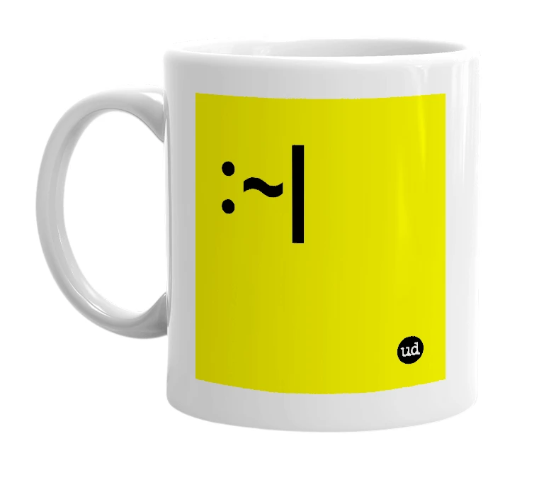 White mug with ':~|' in bold black letters